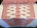 Floral Pink Embroidered Lace Fabric with Sequins Fancy Embroidery Design Fabrics By The Yard