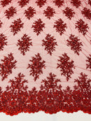 Floral Cluster Beads - Burgundy - Embroidered Beaded Flower Design Fabric on Mesh