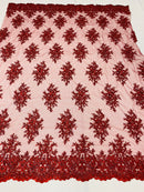 Floral Cluster Beads - Burgundy - Embroidered Beaded Flower Design Fabric on Mesh