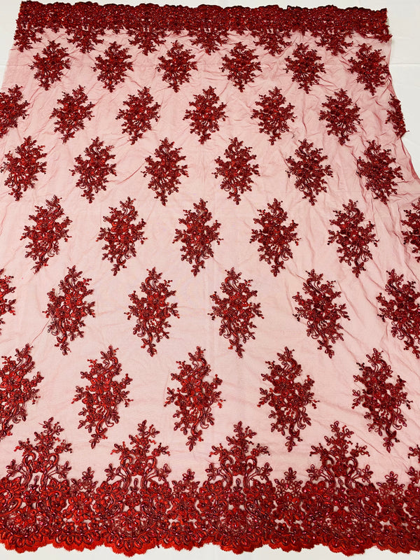 Floral Cluster Beads - Burgundy - Embroidered Beaded Flower Design Fabric on Mesh