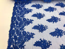 Floral Embroided Royal Blue Lace Fabric with Sequins Fancy Embroidery Design Fabricsby The Yard