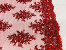 Floral Cluster Beads - Burgundy - Embroidered Beaded Flower Design Fabric on Mesh
