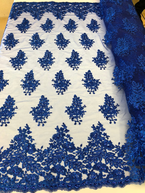 Floral Embroided Royal Blue Lace Fabric with Sequins Fancy Embroidery Design Fabricsby The Yard