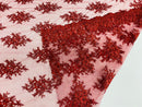 Floral Cluster Beads - Burgundy - Embroidered Beaded Flower Design Fabric on Mesh