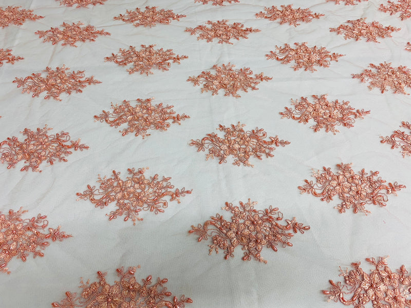Floral Cluster Beads - Peach - Embroidered Beaded Flower Design Fabric on Mesh