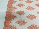Floral Cluster Beads - Peach - Embroidered Beaded Flower Design Fabric on Mesh