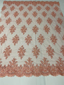 Floral Cluster Beads - Peach - Embroidered Beaded Flower Design Fabric on Mesh