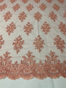 Floral Cluster Beads - Peach - Embroidered Beaded Flower Design Fabric on Mesh