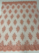 Floral Cluster Beads - Peach - Embroidered Beaded Flower Design Fabric on Mesh