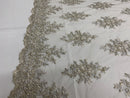 Floral Cluster Beads - Grey with Silver - Embroidered Beaded Flower Design Fabric on Mesh