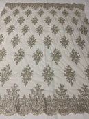 Floral Cluster Beads - Grey with Silver - Embroidered Beaded Flower Design Fabric on Mesh