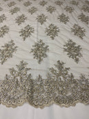 Floral Cluster Beads - Grey with Silver - Embroidered Beaded Flower Design Fabric on Mesh