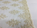 Floral Cluster Beads - Ivory Gold Metallic - Embroidered Beaded Flower Design Fabric on Mesh