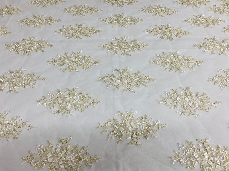 Floral Cluster Beads - Ivory Gold Metallic - Embroidered Beaded Flower Design Fabric on Mesh