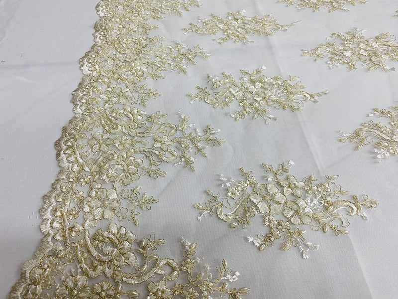 Floral Cluster Beads - Ivory Gold Metallic - Embroidered Beaded Flower Design Fabric on Mesh