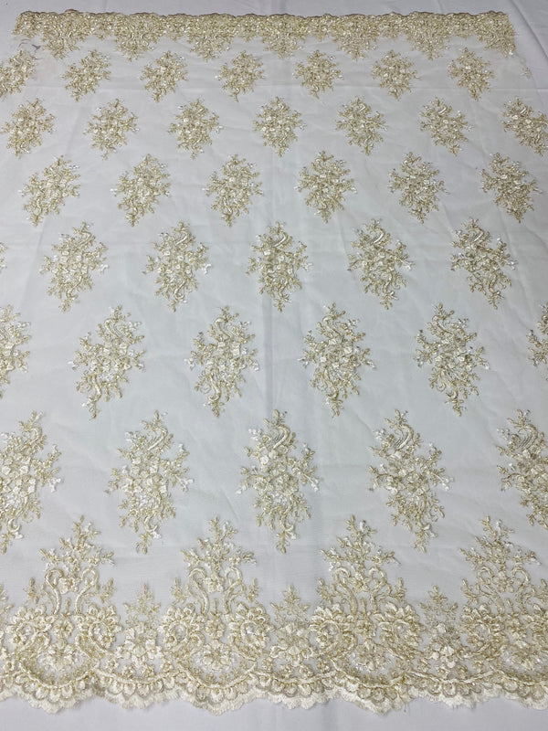 Floral Cluster Beads - Ivory Gold Metallic - Embroidered Beaded Flower Design Fabric on Mesh