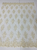 Floral Cluster Beads - Ivory Gold Metallic - Embroidered Beaded Flower Design Fabric on Mesh