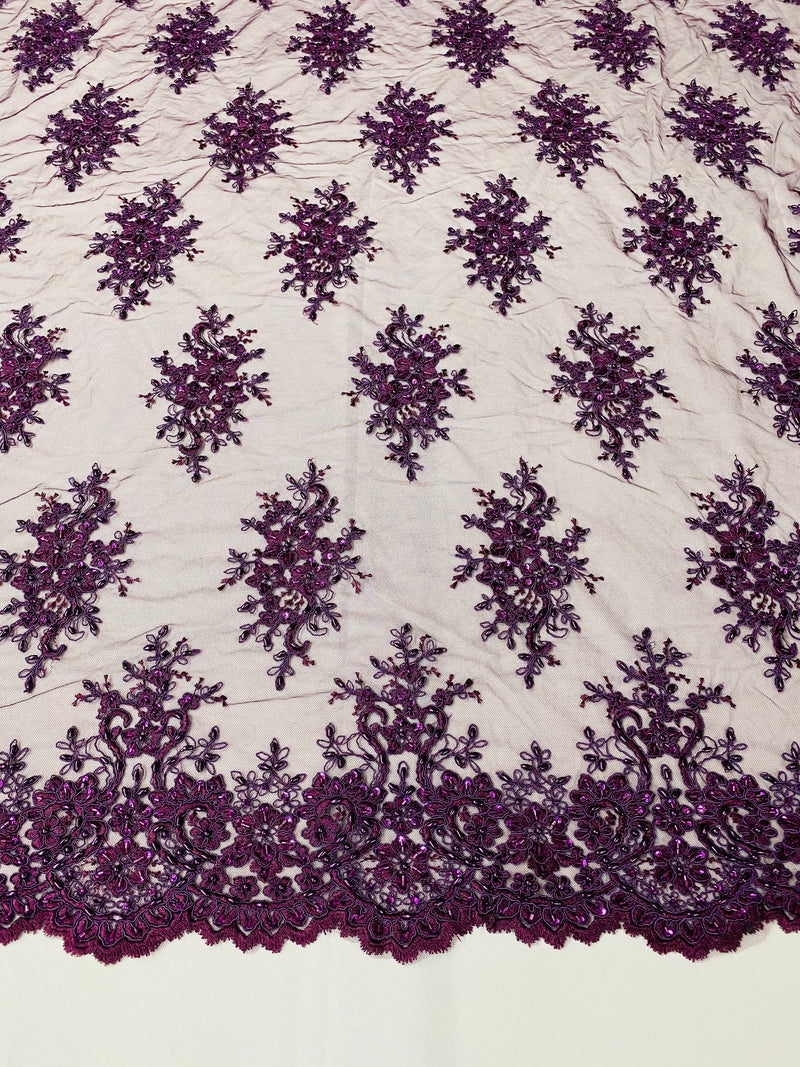 Floral Cluster Beads - Plum - Embroidered Beaded Flower Design Fabric on Mesh