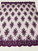 Floral Cluster Beads - Plum - Embroidered Beaded Flower Design Fabric on Mesh