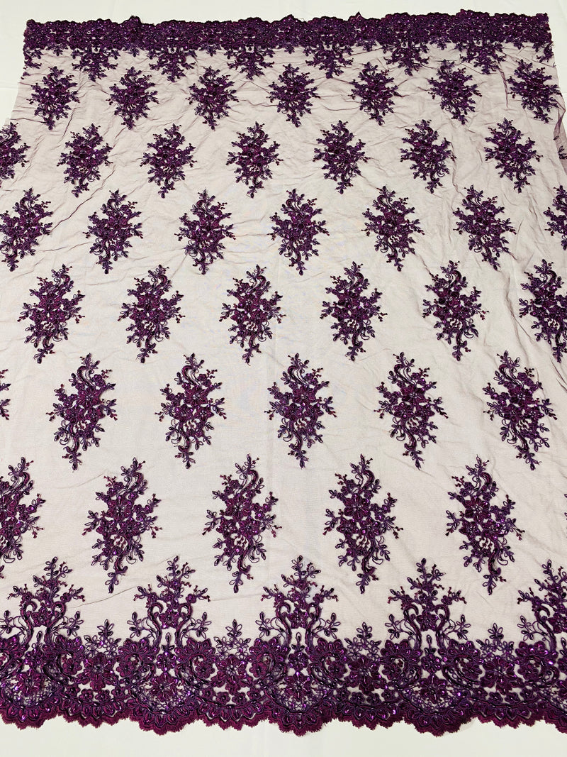 Floral Cluster Beads - Plum - Embroidered Beaded Flower Design Fabric on Mesh