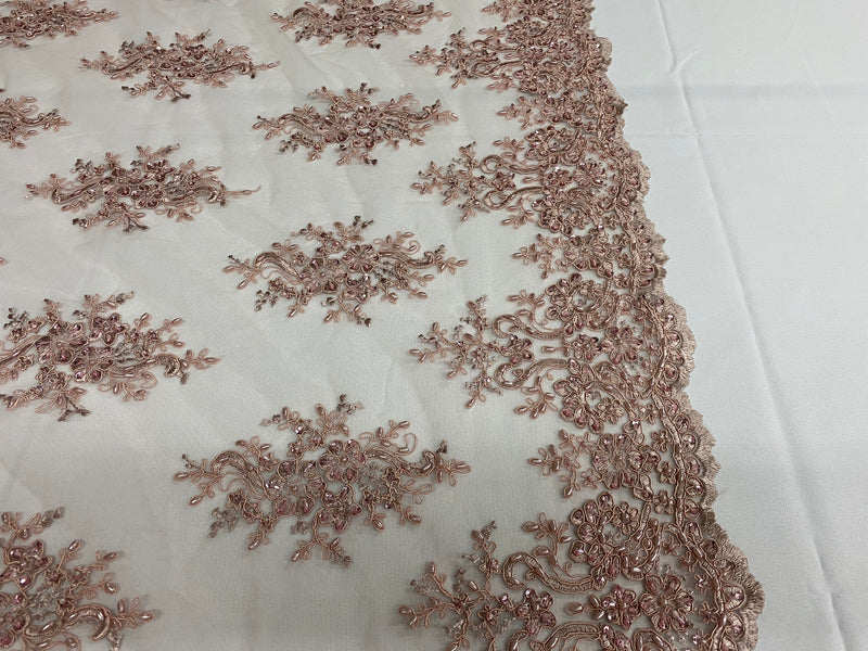 Floral Cluster Beads - Blush - Embroidered Beaded Flower Design Fabric on Mesh
