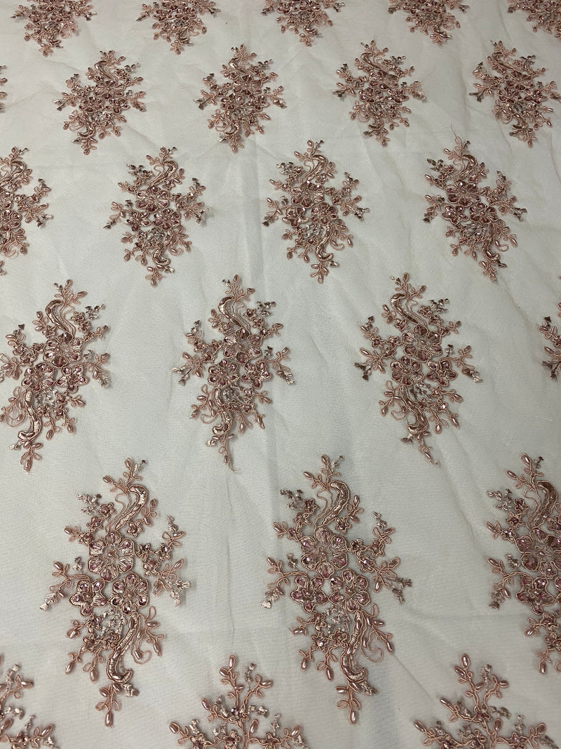 Floral Cluster Beads - Blush - Embroidered Beaded Flower Design Fabric on Mesh