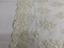 Floral Cluster Beads - Ivory - Embroidered Beaded Flower Design Fabric on Mesh