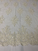 Floral Cluster Beads - Ivory - Embroidered Beaded Flower Design Fabric on Mesh