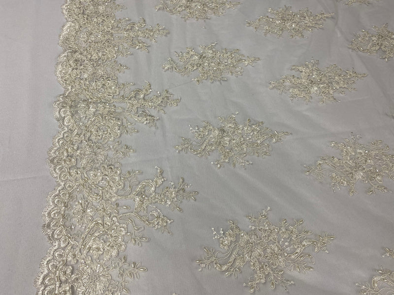 Floral Cluster Beads - Ivory - Embroidered Beaded Flower Design Fabric on Mesh