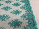 Floral Cluster Beads - Turquoise - Embroidered Beaded Flower Design Fabric on Mesh