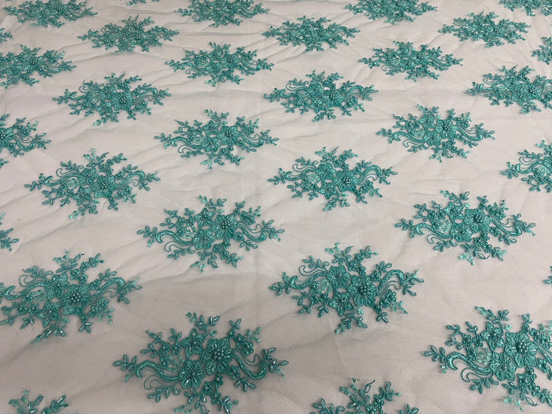 Floral Cluster Beads - Turquoise - Embroidered Beaded Flower Design Fabric on Mesh