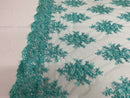 Floral Cluster Beads - Turquoise - Embroidered Beaded Flower Design Fabric on Mesh