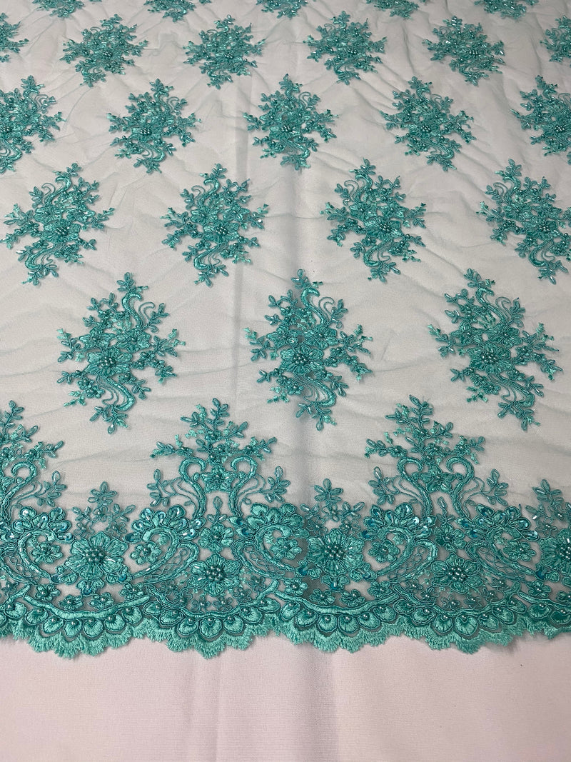 Floral Cluster Beads - Turquoise - Embroidered Beaded Flower Design Fabric on Mesh
