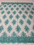 Floral Cluster Beads - Turquoise - Embroidered Beaded Flower Design Fabric on Mesh