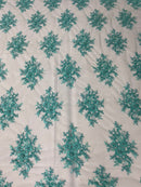 Floral Cluster Beads - Turquoise - Embroidered Beaded Flower Design Fabric on Mesh