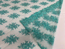 Floral Cluster Beads - Turquoise - Embroidered Beaded Flower Design Fabric on Mesh