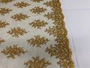 Floral Cluster Beads - Gold Metallic - Embroidered Beaded Flower Design Fabric on Mesh