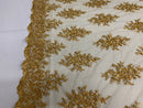 Floral Cluster Beads - Gold Metallic - Embroidered Beaded Flower Design Fabric on Mesh