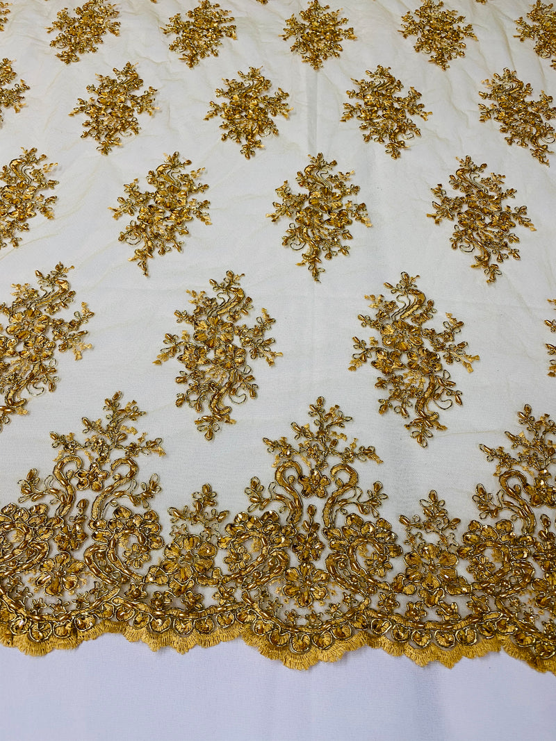 Floral Cluster Beads - Gold Metallic - Embroidered Beaded Flower Design Fabric on Mesh
