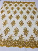 Floral Cluster Beads - Gold Metallic - Embroidered Beaded Flower Design Fabric on Mesh