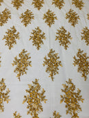 Floral Cluster Beads - Gold Metallic - Embroidered Beaded Flower Design Fabric on Mesh