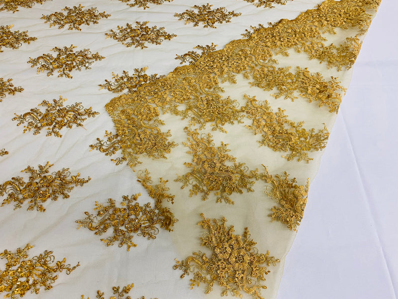 Floral Cluster Beads - Gold Metallic - Embroidered Beaded Flower Design Fabric on Mesh