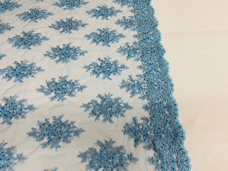 Floral Cluster Beads - Blue - Embroidered Beaded Flower Design Fabric on Mesh