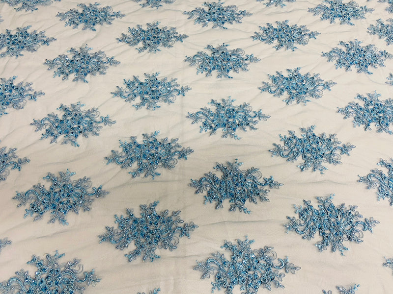 Floral Cluster Beads - Blue - Embroidered Beaded Flower Design Fabric on Mesh