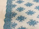 Floral Cluster Beads - Blue - Embroidered Beaded Flower Design Fabric on Mesh