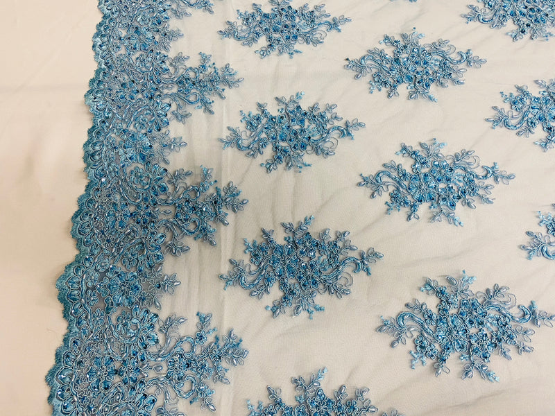 Floral Cluster Beads - Blue - Embroidered Beaded Flower Design Fabric on Mesh