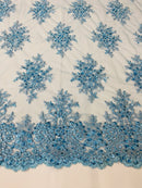 Floral Cluster Beads - Blue - Embroidered Beaded Flower Design Fabric on Mesh