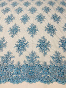 Floral Cluster Beads - Blue - Embroidered Beaded Flower Design Fabric on Mesh