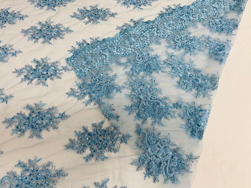 Floral Cluster Beads - Blue - Embroidered Beaded Flower Design Fabric on Mesh