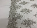 Floral Cluster Beads - Silver White Mesh - Embroidered Beaded Flower Design Fabric on Mesh